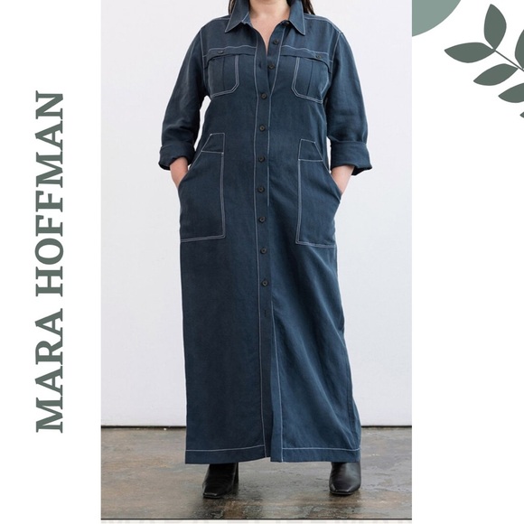 Mara Hoffman Navy Juno Midi Dress Button Front Tie Waist Size 2X - Picture 4 of 12